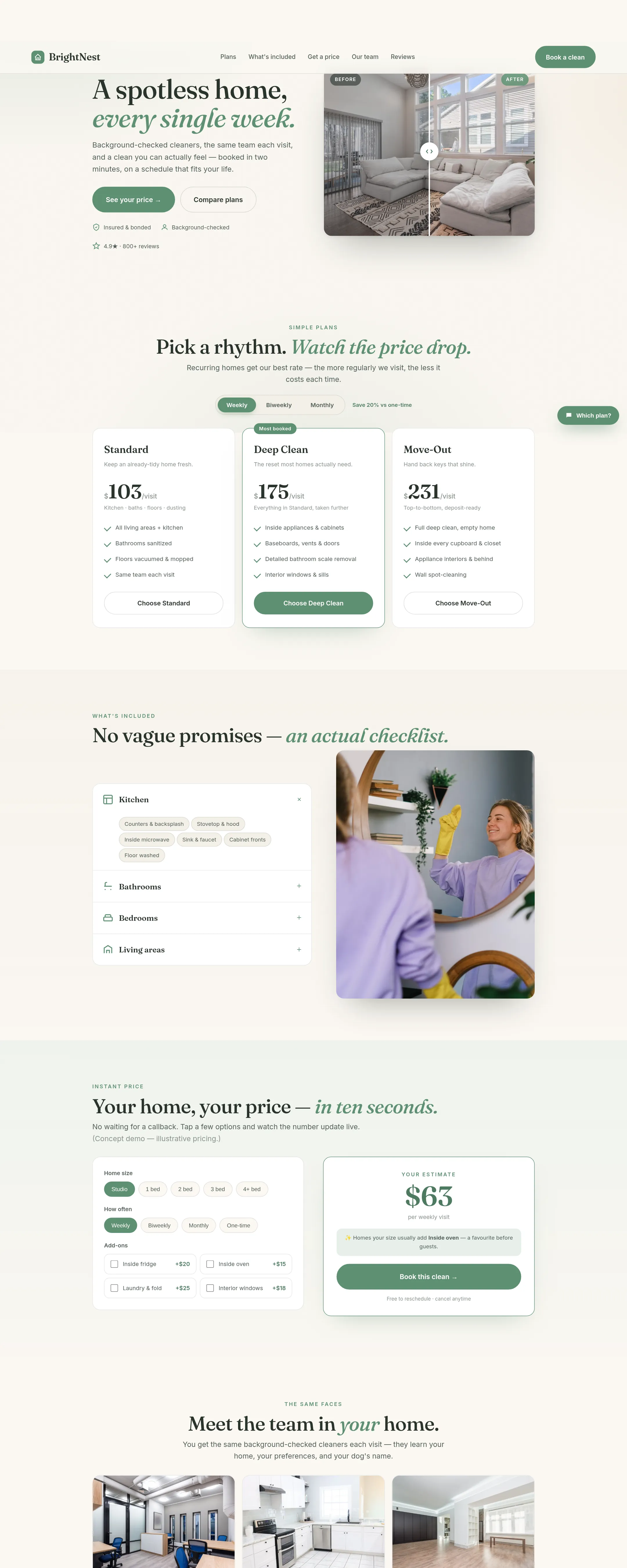 BrightNest Cleaning Co. — Concept demo — booking-first site